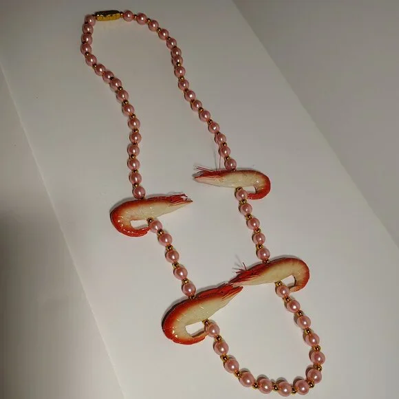 Crawfish Mardi Gras Beads Faux Pink Pearl Shrimp Nautical Necklace - Picture 4 of 7